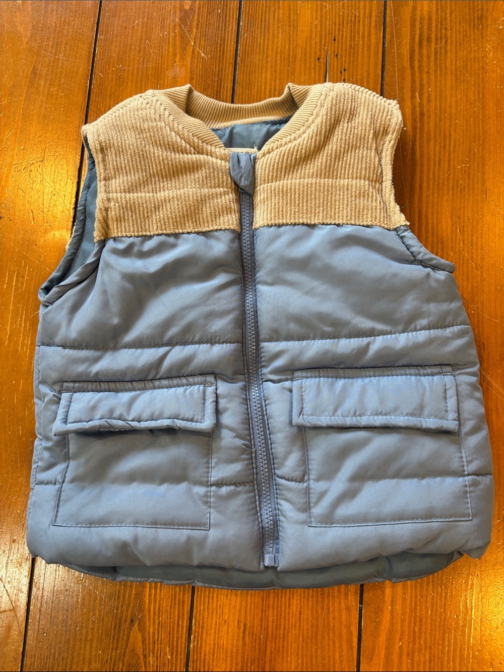 Tahari Baby Blue Puffer Vest With Tan Corduroy Trim Boys Size 18 Months EUC